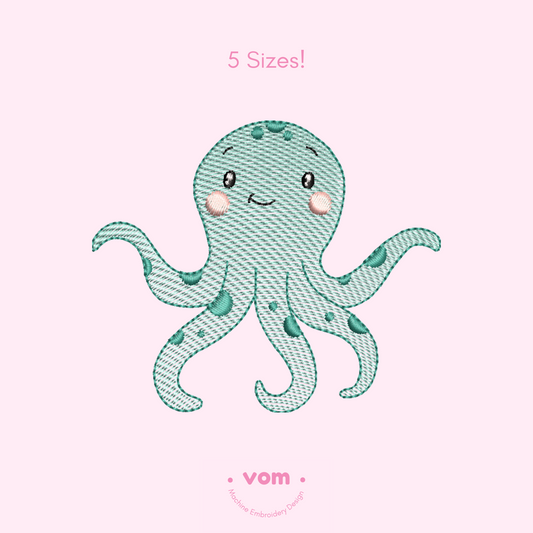 Happy Octopus Rippled Embroidery Design – Lightweight Sea Creature in 5 Sizes

