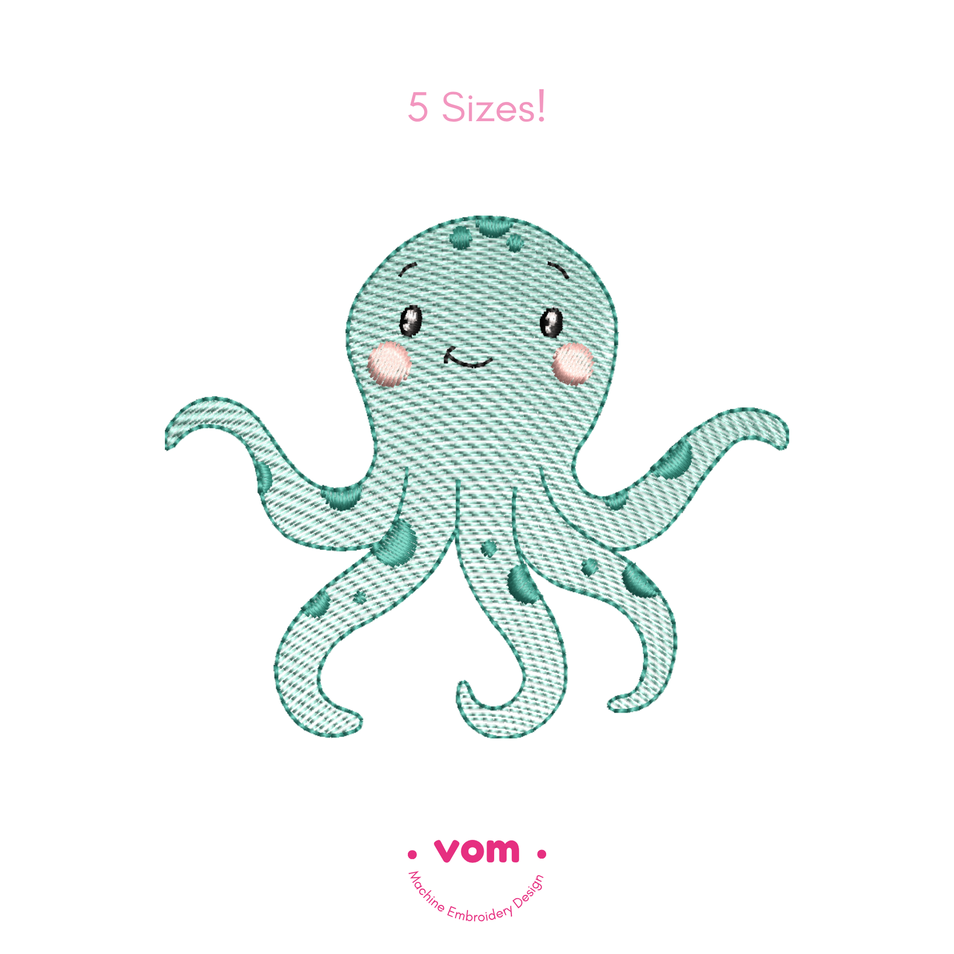 Happy Octopus Rippled Embroidery Design – Lightweight Sea Creature in 5 Sizes

