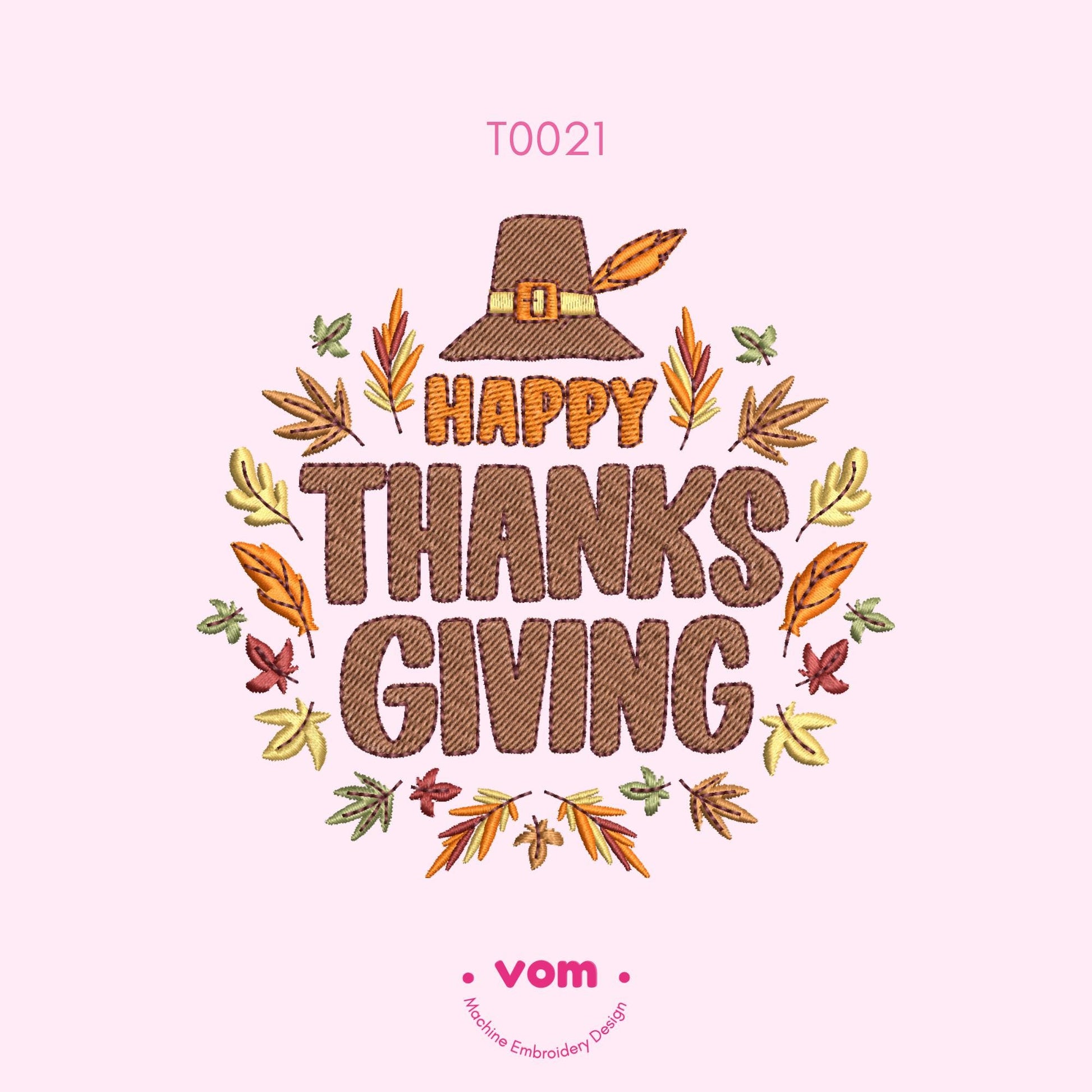 Happy Thanksgiving Embroidery Design - Festive Fall Leaves and Pilgrim Hat Pattern for Thanksgiving Decor - 5 Sizes