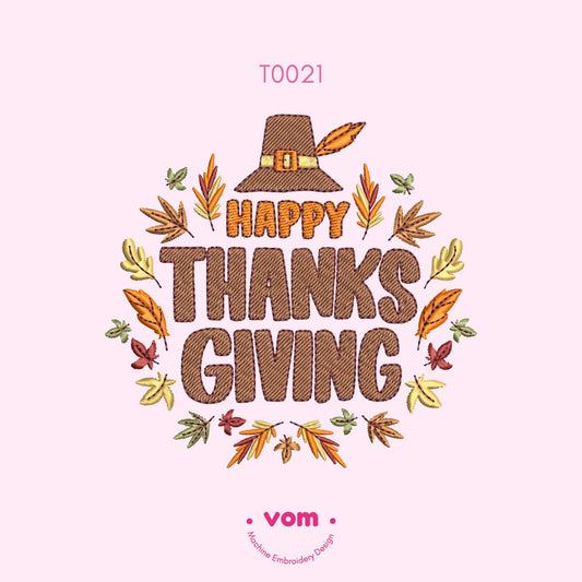 Happy Thanksgiving Embroidery Design - Festive Fall Leaves and Pilgrim Hat Pattern for Thanksgiving Decor - 5 Sizes