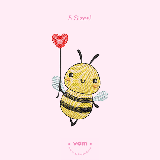 Heart Balloon Bee Embroidery Design – Rippled Stitch in 5 Sizes

