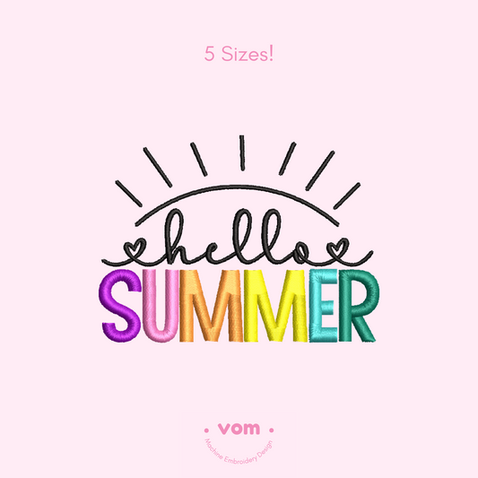 Hello Summer Embroidery Design - Colorful Sunshine Lettering - 5 Sizes