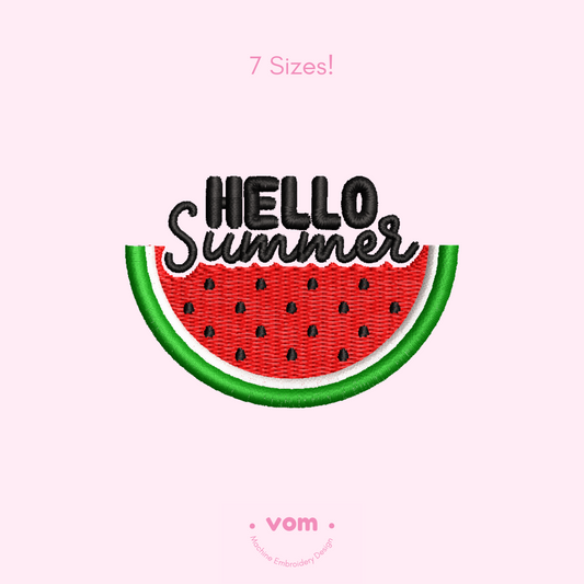 Hello Summer Watermelon Embroidery Design - Fun Fruit Pattern in 7 Sizes