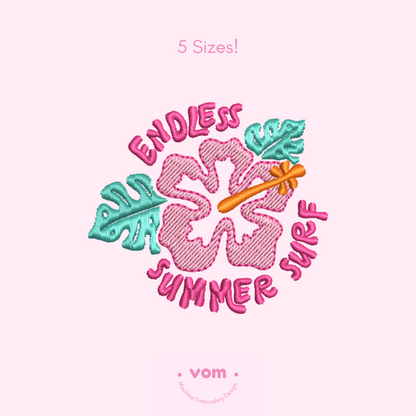 Hibiscus Surf Embroidery Design - Endless Summer Surf - Tropical Summer Vibes in 5 Sizes