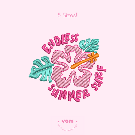 Hibiscus Surf Embroidery Design - Endless Summer Surf - Tropical Summer Vibes in 5 Sizes