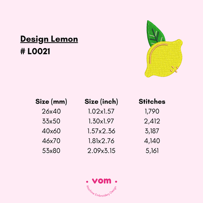 Lemon Embroidery Design - Mini Fresh Fruit Pattern in 5 Sizes