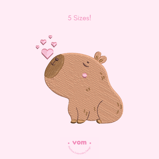Lovely Capybara Embroidery File – Sweet Capybara with Floating Hearts in 5 Sizes