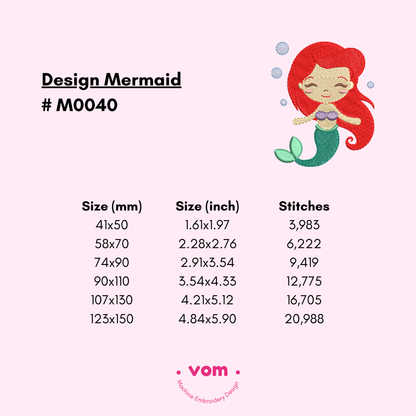 Cute Mermaid Embroidery Design – Adorable Little Sea Princess in 6 Sizes