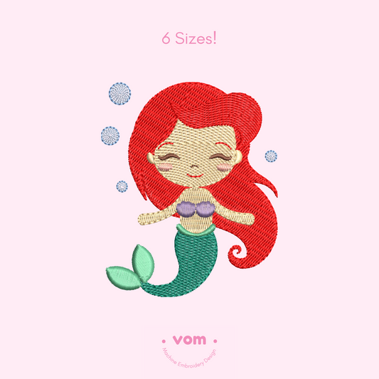 Cute mermaid machine embroidery design with red hair and green tail, available in 6 sizes for kids and baby projects.
