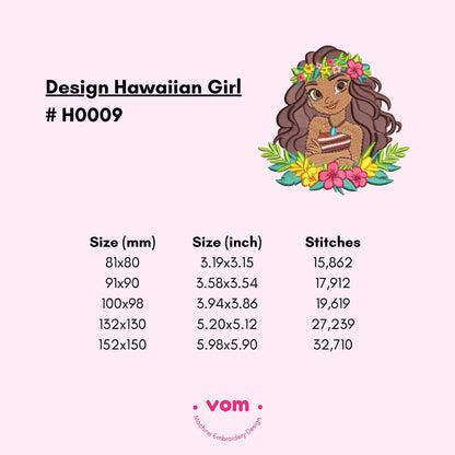 Moana - Hawaiian Girl Embroidery Design - Tropical Floral Princess Pattern - Aloha Spirit File - Digital Pattern for Embroidery Machine  - 5 Sizes