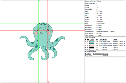 Happy Octopus Embroidery Design - Cute Sea Creature in 5 Sizes
