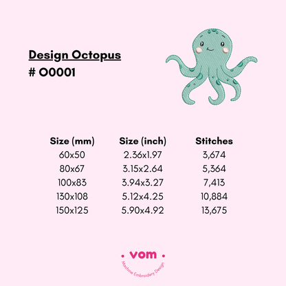 Happy Octopus Embroidery Design - Cute Sea Creature in 5 Sizes