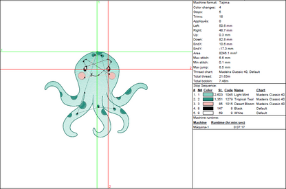 Happy Octopus Rippled Embroidery Design – Lightweight Sea Creature in 5 Sizes
