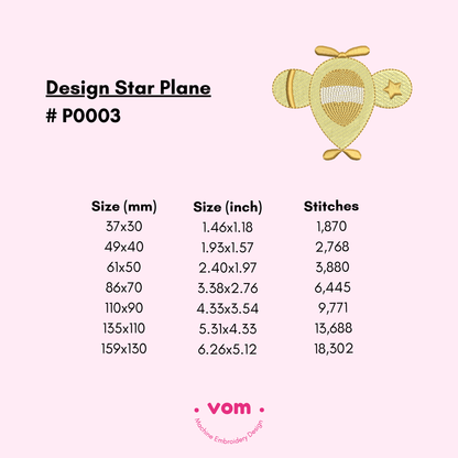 Cute Star Plane Embroidery Design - 7 Sizes