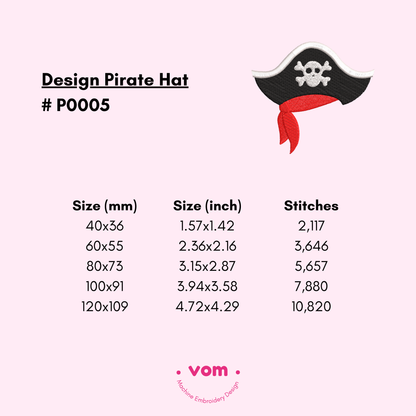 Pirate Hat Embroidery Design - Fill Stitch in 5 Sizes