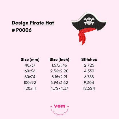 Pirate Hat Embroidery Design - Outlined Stitch in 5 Sizes