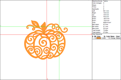Swirly Pumpkin Embroidery Design - Elegant Autumn Pattern in 6 Sizes
