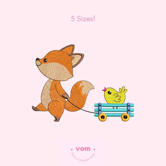 Playful Fox & Chick Embroidery Design – Cute Wagon Pattern (5 Sizes)