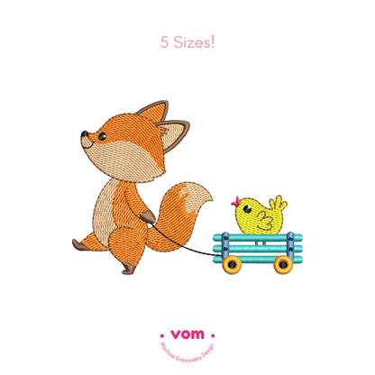 Playful Fox & Chick Embroidery Design – Cute Wagon Pattern (5 Sizes)