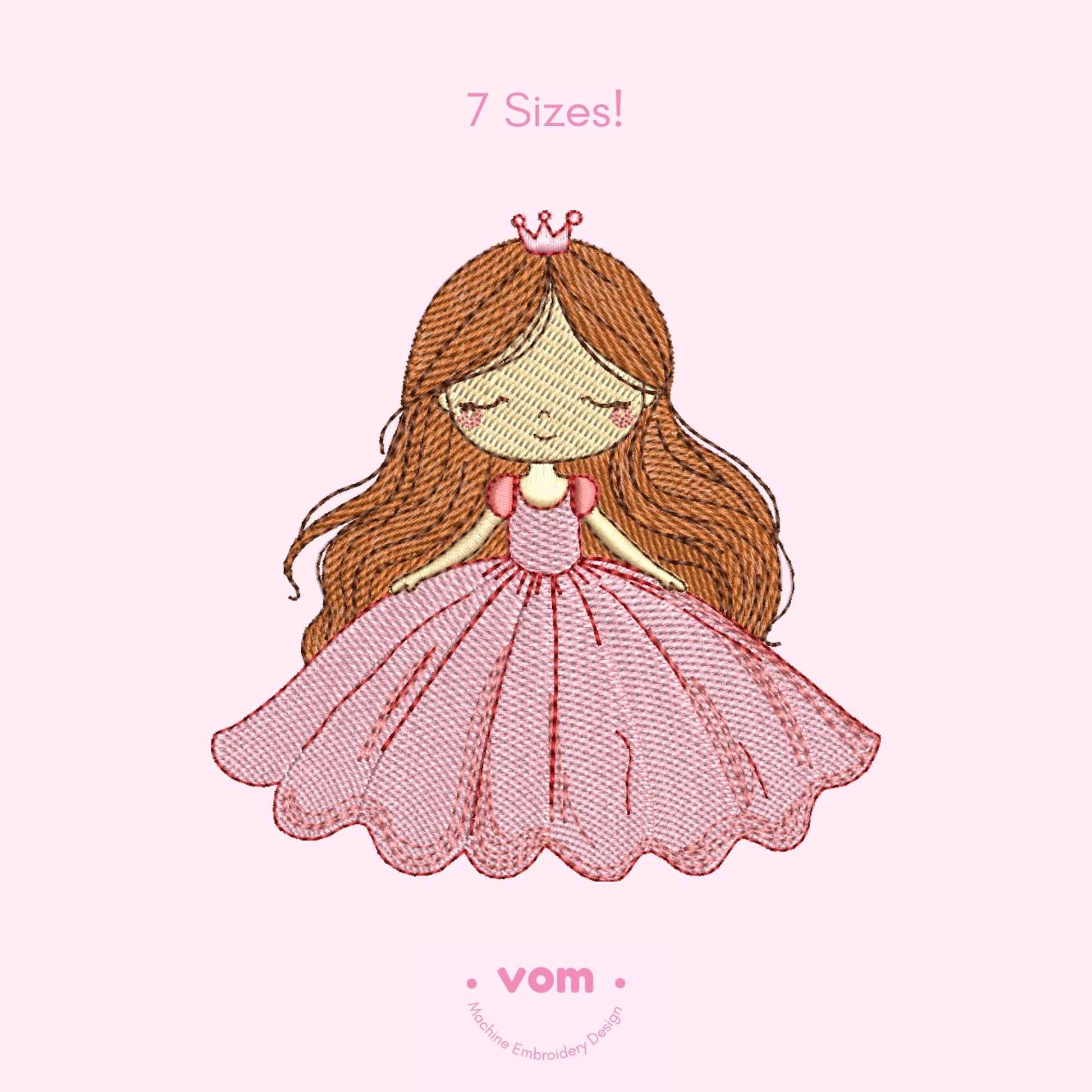 Princess Embroidery Design - Cute Fairytale Girl in Pink Dress - Digital Pattern for Embroidery Machine - Instant Download - 7 Sizes