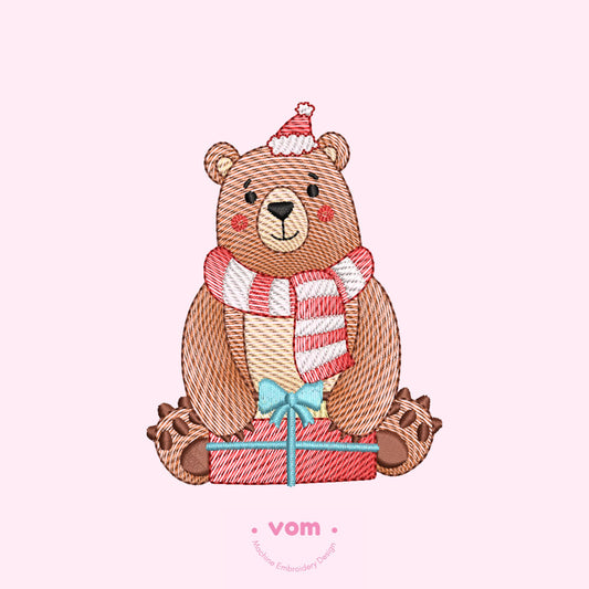 Rippled Christmas Bear Embroidery Design - Festive Bear with Scarf and Gift Box - Digital File for Machine Embroidery - 7 Sizes