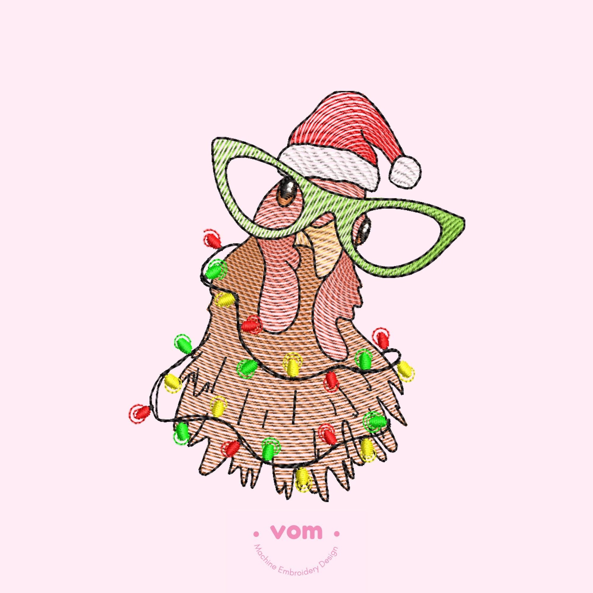 Rippled - Christmas Chicken Embroidery Design - Santa Hat and Festive Lights Pattern - Digital File for Machine Embroidery - 7 Sizes