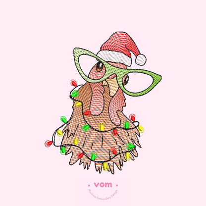 Rippled - Christmas Chicken Embroidery Design - Santa Hat and Festive Lights Pattern - Digital File for Machine Embroidery - 7 Sizes