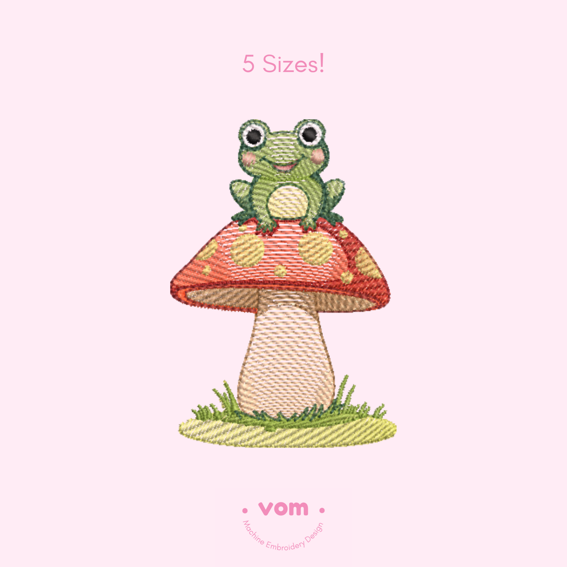 Rippled Frog on Mushroom Embroidery Design – Cute Toadstool Pattern for Baby & Kids Projects (5 Sizes)