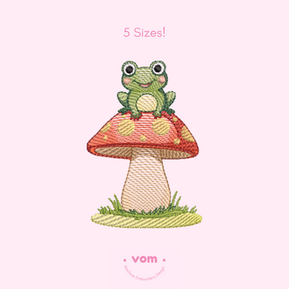 Rippled Frog on Mushroom Embroidery Design – Cute Toadstool Pattern for Baby & Kids Projects (5 Sizes)