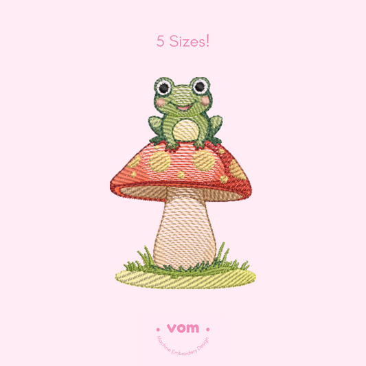 Rippled Frog on Mushroom Embroidery Design – Cute Toadstool Pattern for Baby & Kids Projects (5 Sizes)
