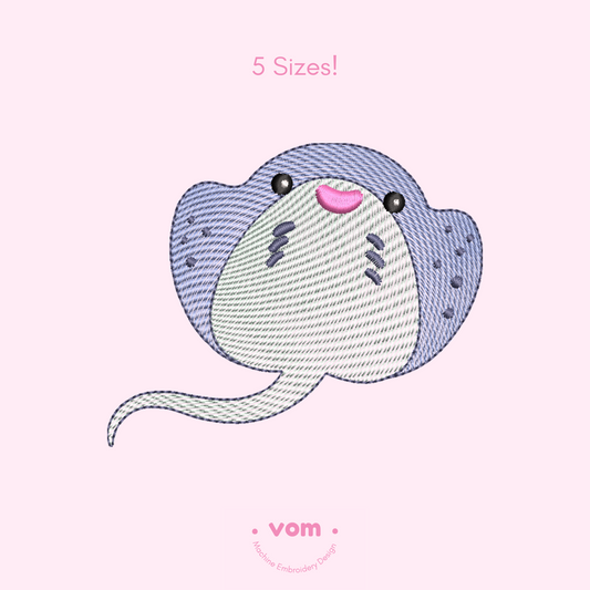 Rippled Stingray Embroidery Design – Ocean Animal Pattern in 5 Sizes