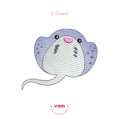 Rippled Stingray Embroidery Design – Ocean Animal Pattern in 5 Sizes