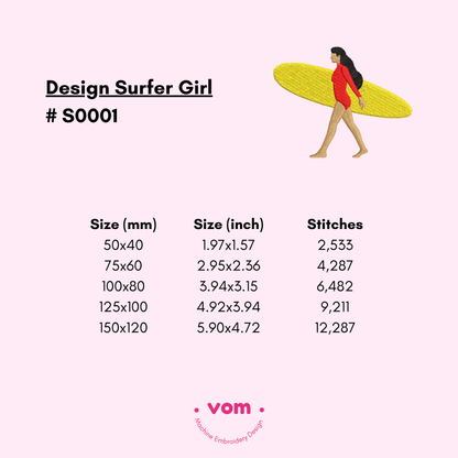 Surfer Girl Embroidery Design - Beach Summer Vibes File - 5 Sizes