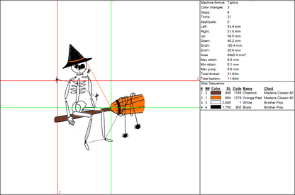 Spooky Skeleton on Broom Embroidery Design - Cute Halloween Witch Pattern - 5 Sizes