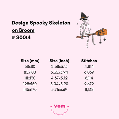 Spooky Skeleton on Broom Embroidery Design - Cute Halloween Witch Pattern - 5 Sizes