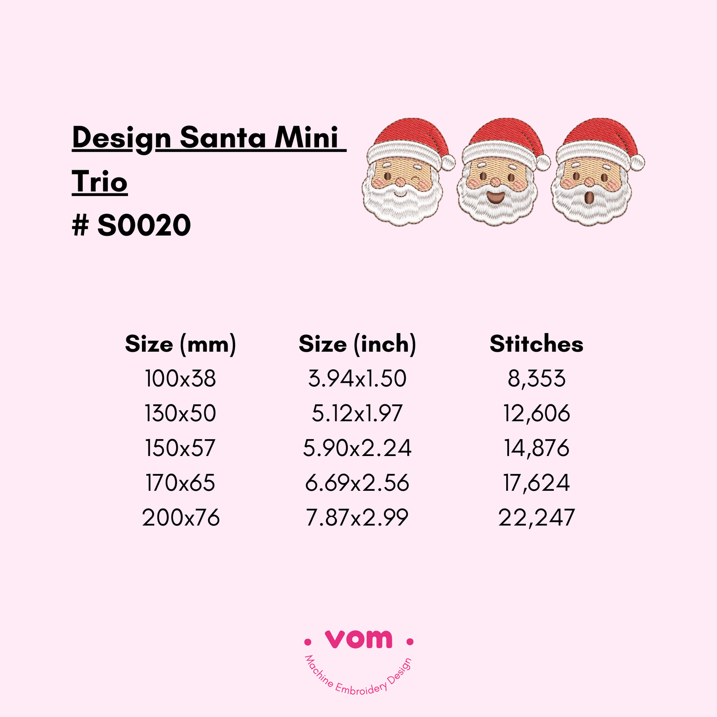 Santa Mini Trio Embroidery Design – Set of 3 Cute Mini Santas, Christmas Machine Embroidery Files (5 Sizes)