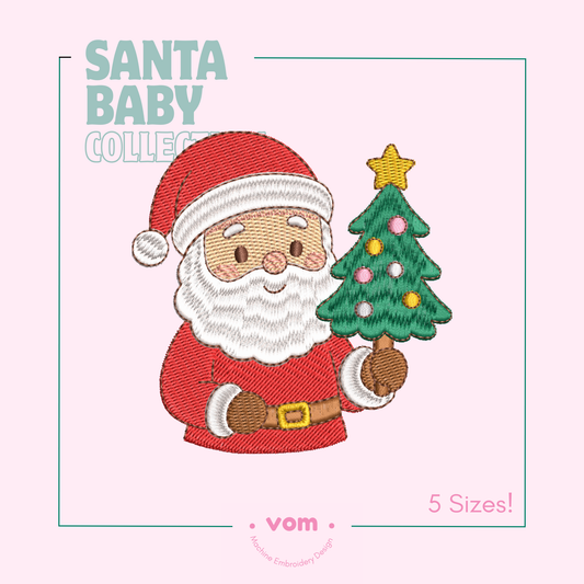 Santa with Christmas Tree Embroidery Design – Cute Holiday Santa for Kids, Machine Embroidery File (5 Sizes)