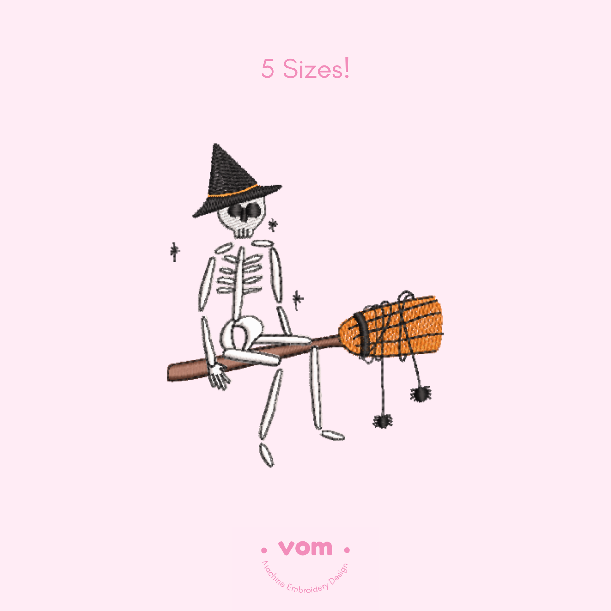 Spooky Skeleton on Broom Embroidery Design - Cute Halloween Witch Pattern - 5 Sizes