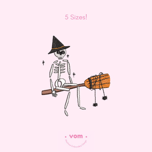 Spooky Skeleton on Broom Embroidery Design - Cute Halloween Witch Pattern - 5 Sizes
