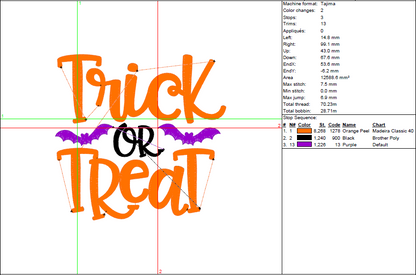 Trick or Treat Embroidery Design – Halloween Bats Machine Pattern (7 Sizes)