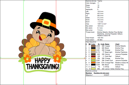 Pilgrim Turkey Embroidery Design – “Happy Thanksgiving” Festive Pattern