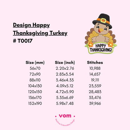 Pilgrim Turkey Embroidery Design – “Happy Thanksgiving” Festive Pattern