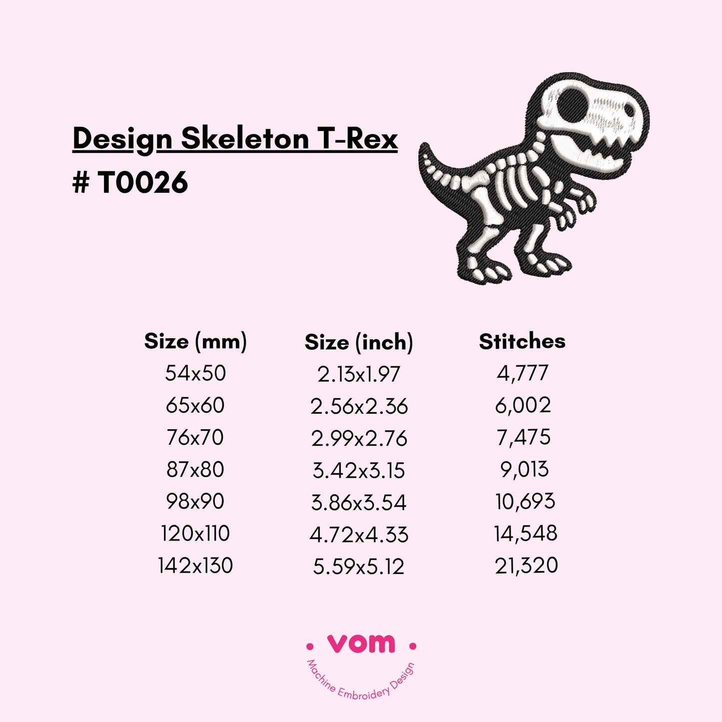 Skeleton T-Rex Embroidery Design - Dinosaur - 7 Sizes