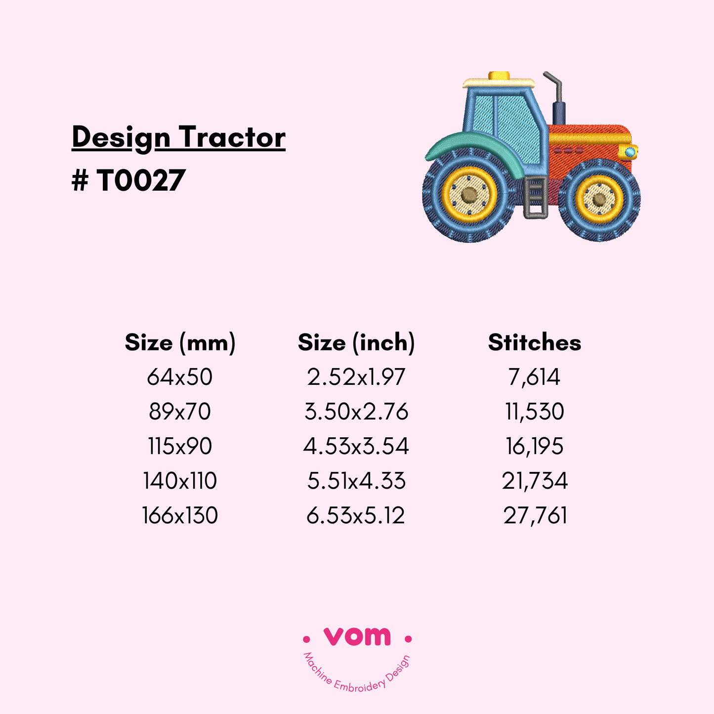 Cute Tractor Embroidery Design – 5 Sizes – Machine Embroidery File