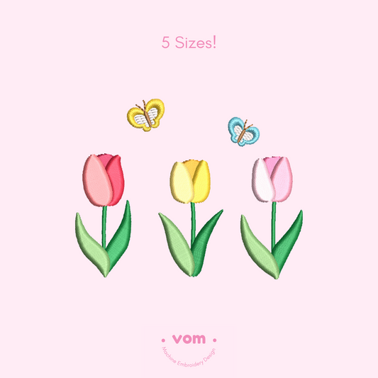 Tulip Flowers & Butterflies Embroidery Design – Spring Floral Pattern (5 Sizes)