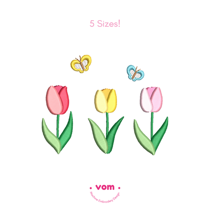 Tulip Flowers & Butterflies Embroidery Design – Spring Floral Pattern (5 Sizes)