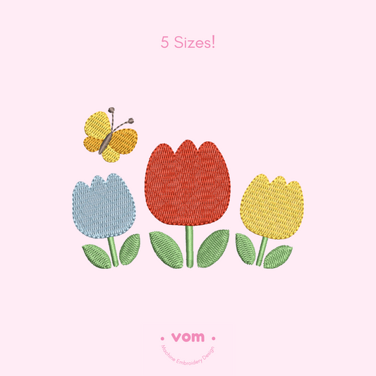 Tulip Flowers Embroidery Design – Spring Butterfly Pattern (5 Sizes)