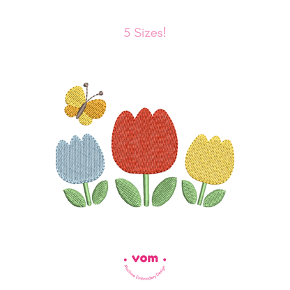 Tulip Flowers Embroidery Design – Spring Butterfly Pattern (5 Sizes)