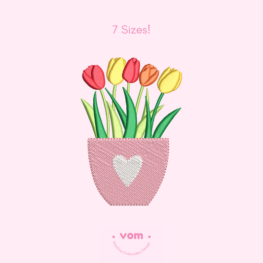 Tulip Pot Embroidery Design – Cute Spring Flowers Pattern (7 Sizes)