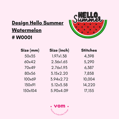 Hello Summer Watermelon Embroidery Design - Fun Fruit Pattern in 7 Sizes